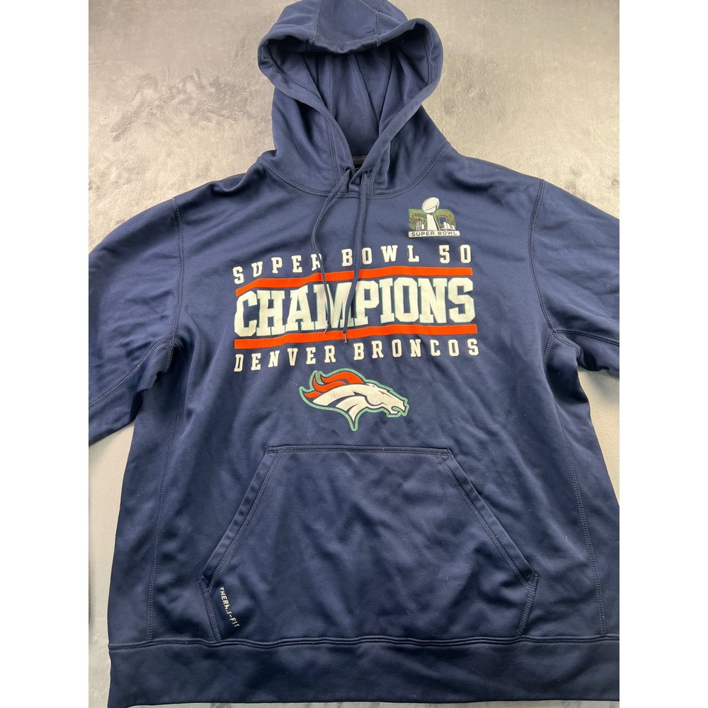 Nike Denver Broncos Super Bowl 50 Champions Hoodie Navy Blue Mens L Therma-FIT